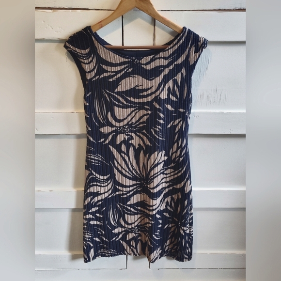 Connected Apparel Women Sleeveless Knit Dress | Navy Tan Tropical Print | Sz 6 - Picture 1 of 5